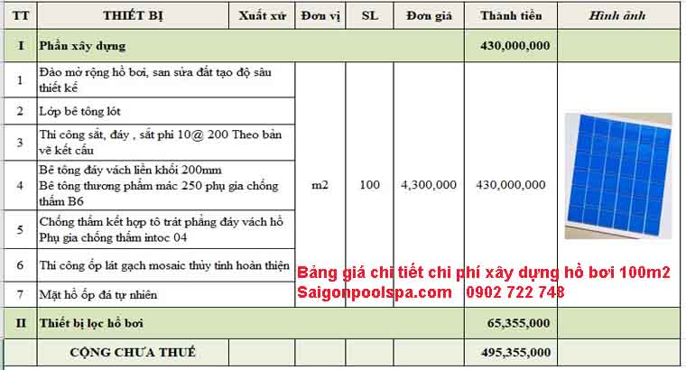 Bảng giá chi tiết chi phí xây dựng hồ bơi 100m2