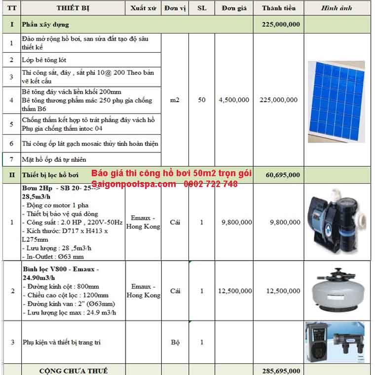 Báo giá thi công hồ bơi 50m2 trọn gói
