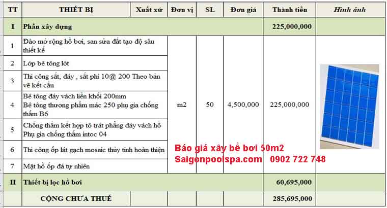 Báo giá xây bể bơi 50m2