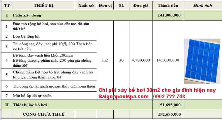 Chi phí xây bể bơi 30m2 cho gia đình hiện nay