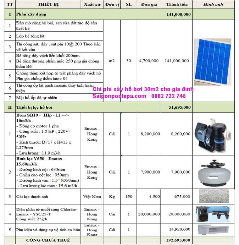 Chi phí xây hồ bơi 30m2 cho gia đình