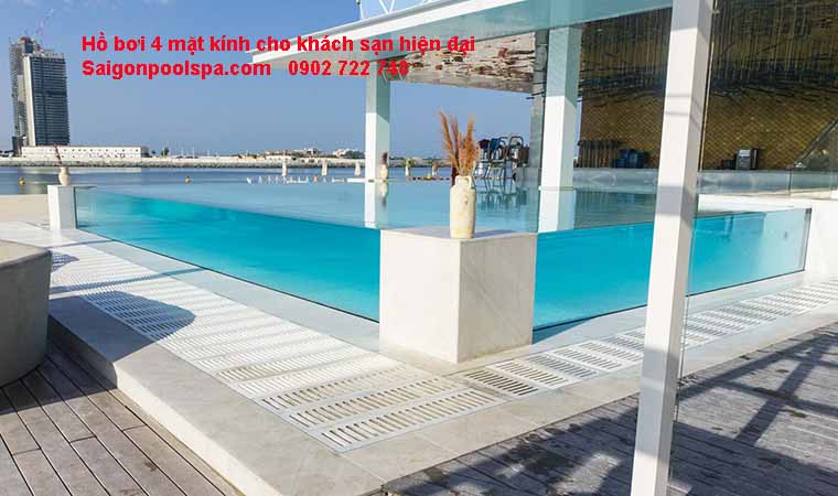 Hồ bơi 4 mặt kính cho khách sạn đẹp hiện đại