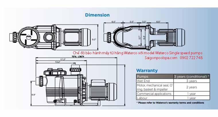 Chế độ bảo hành máy từ hãng Waterco với Model Single Speed Pumps
