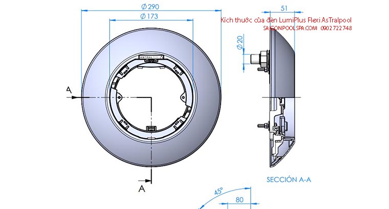 Kích thước của đèn LumiPlus Flexi Astralpool