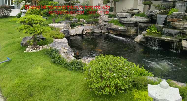 Bể cá koi kết hợp non bộ thác nước trong nhà vườn
